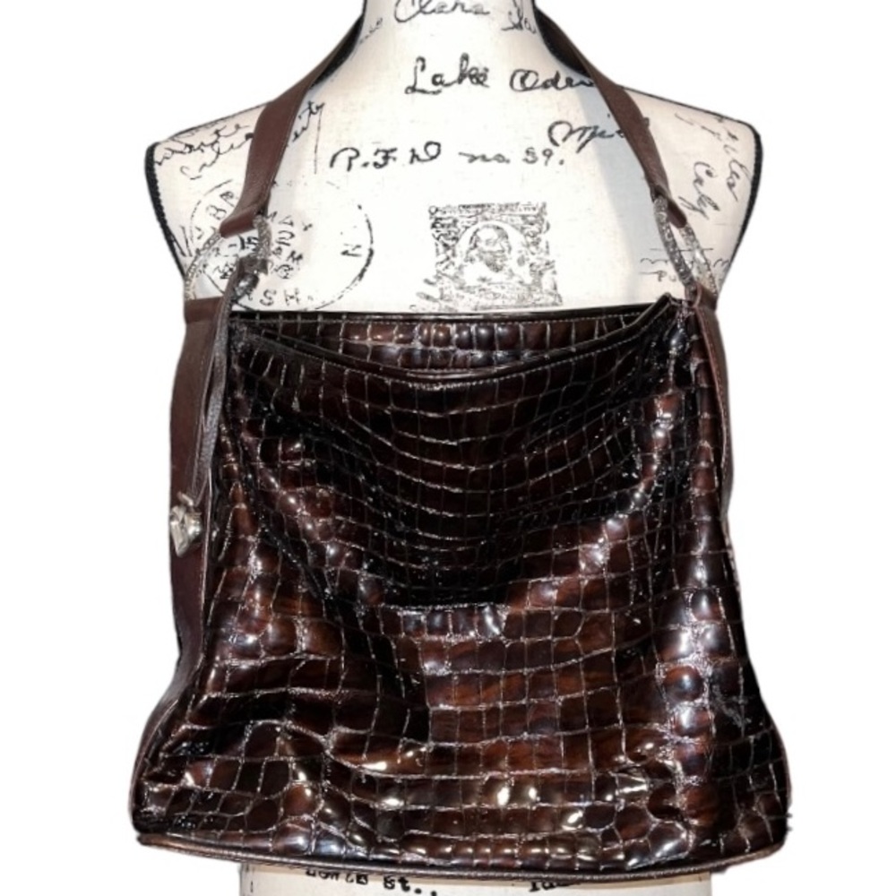BRIGHTON Patent Leather Brown Croc Print Tote Bag Purse